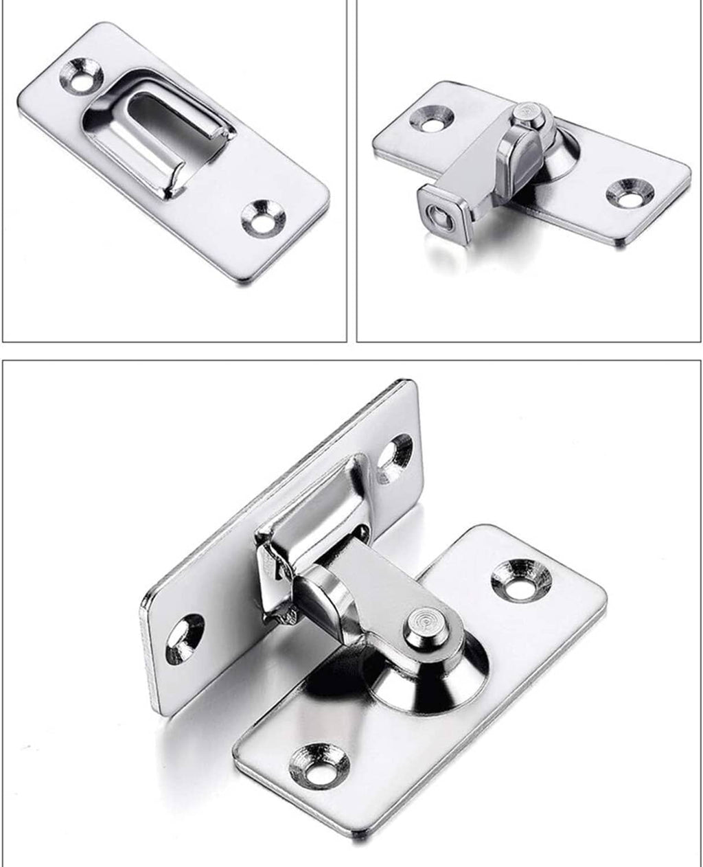 Stainless steel door hasp latch shown from multiple angles with mounting holes