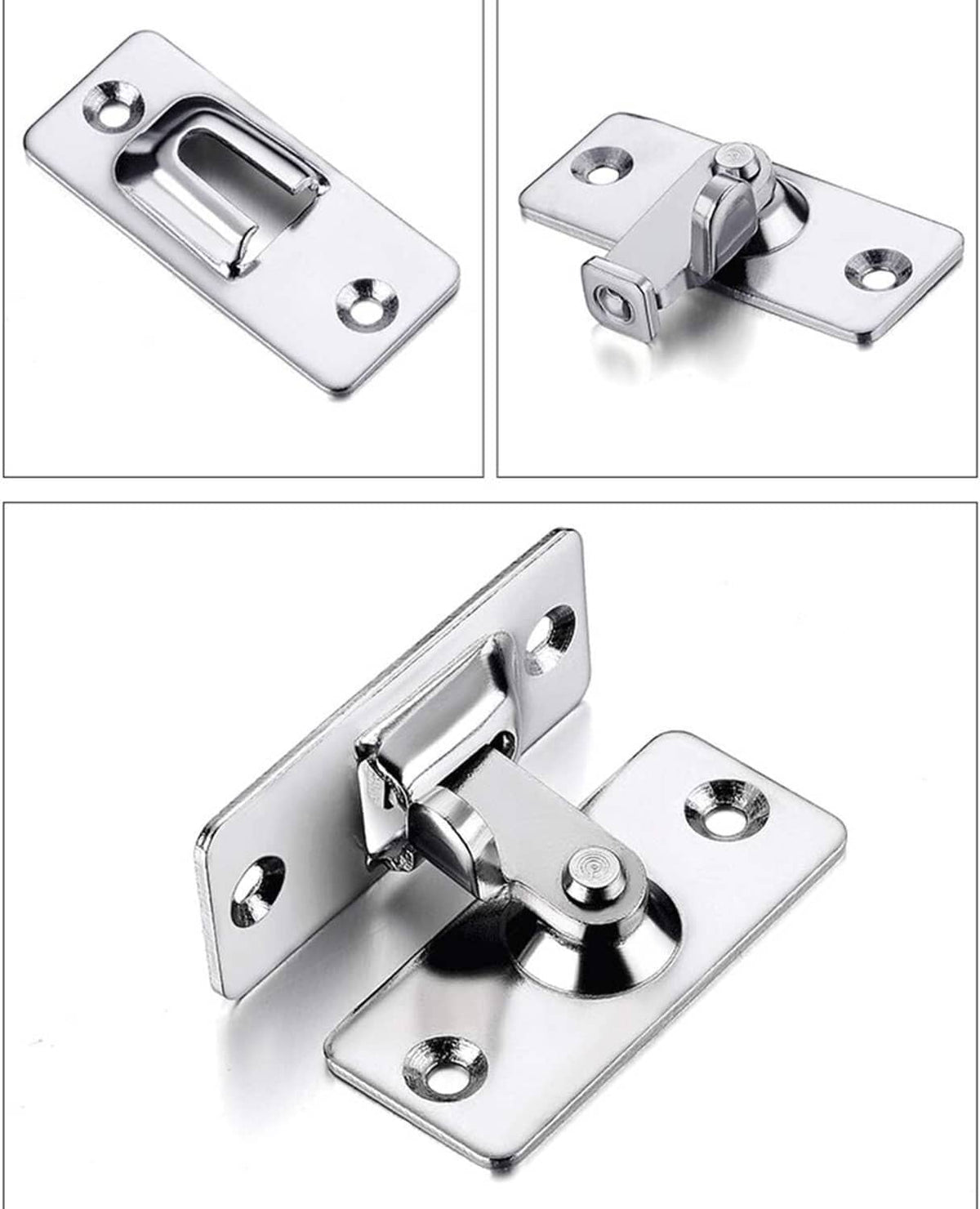 Stainless steel door hasp latch shown from multiple angles with mounting holes