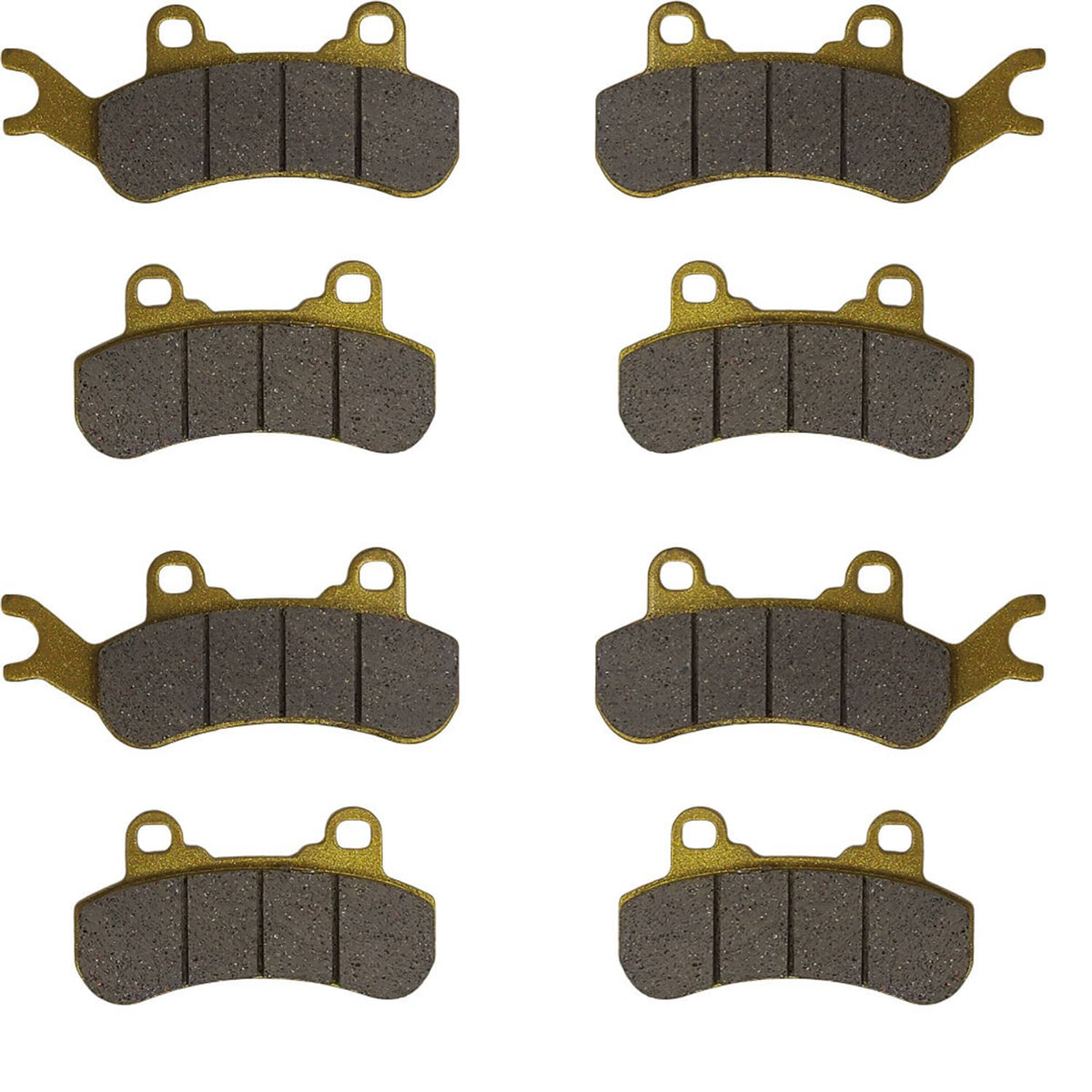 Brake pad set with multiple dark friction pads and metal backing with mounting holes