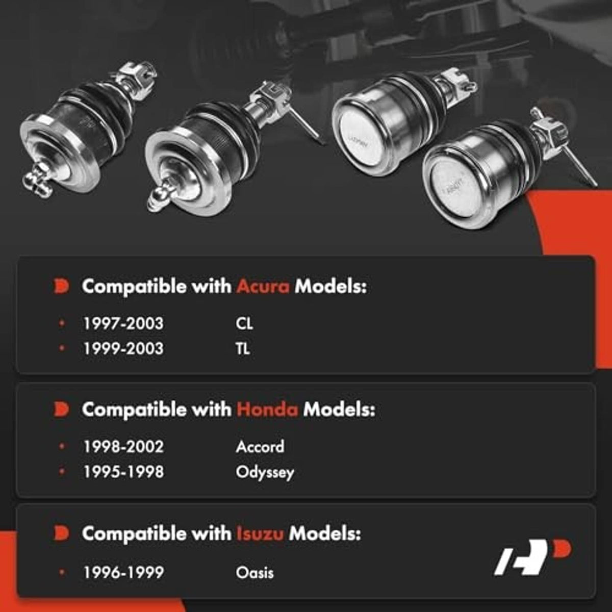Ball joint set with rubber boots and metal housings, shown with compatibility panel
