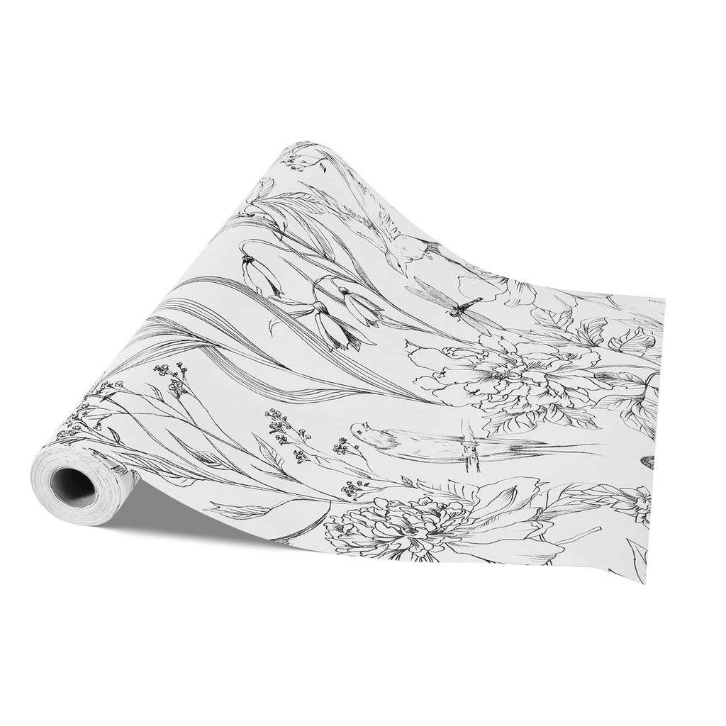 Self-adhesive wallpaper roll with black botanical floral line art on white