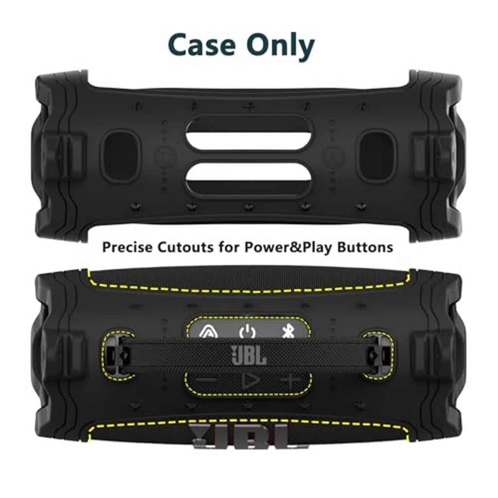 Black silicone speaker case with precise cutouts for buttons and ports