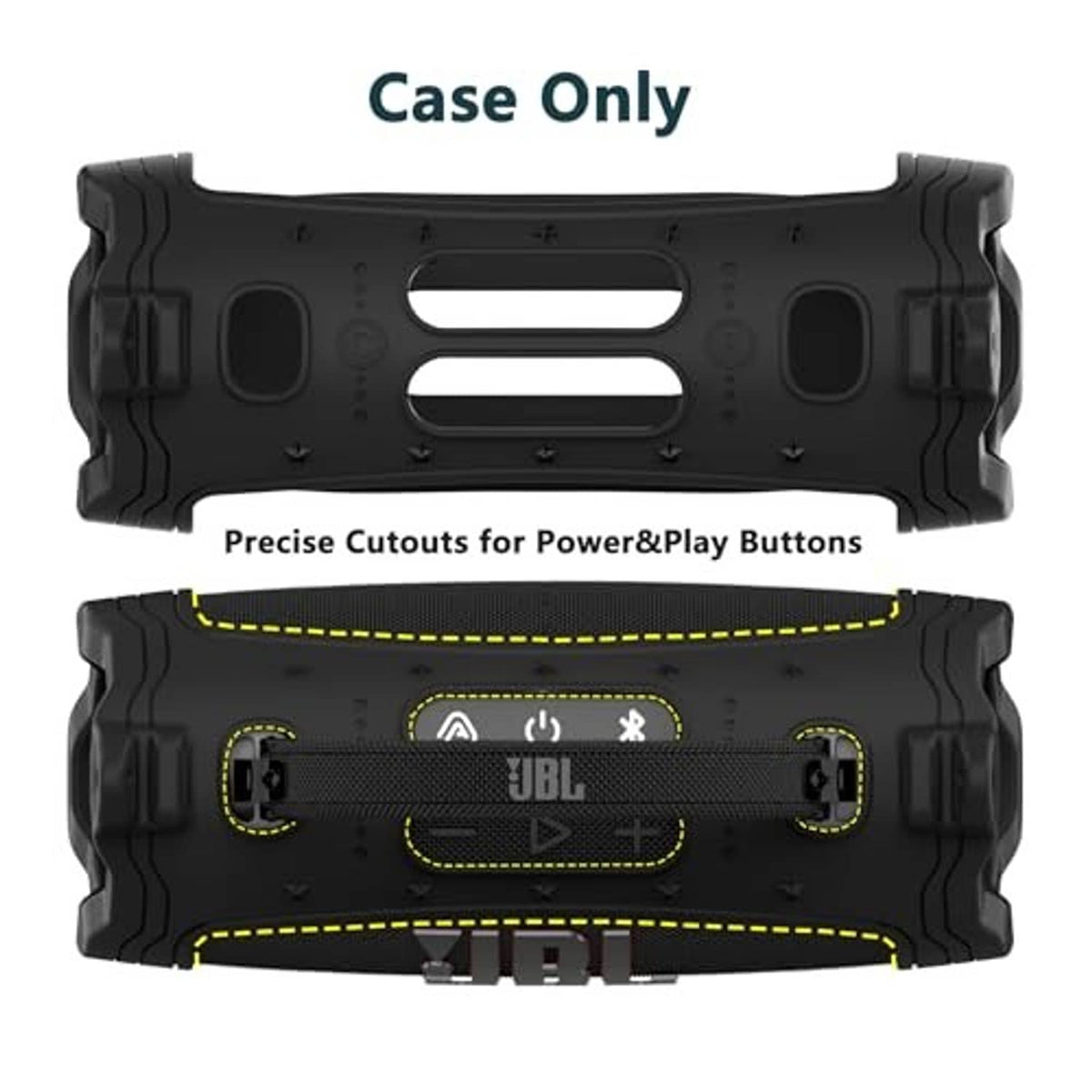 Black silicone speaker case with precise cutouts for buttons and ports