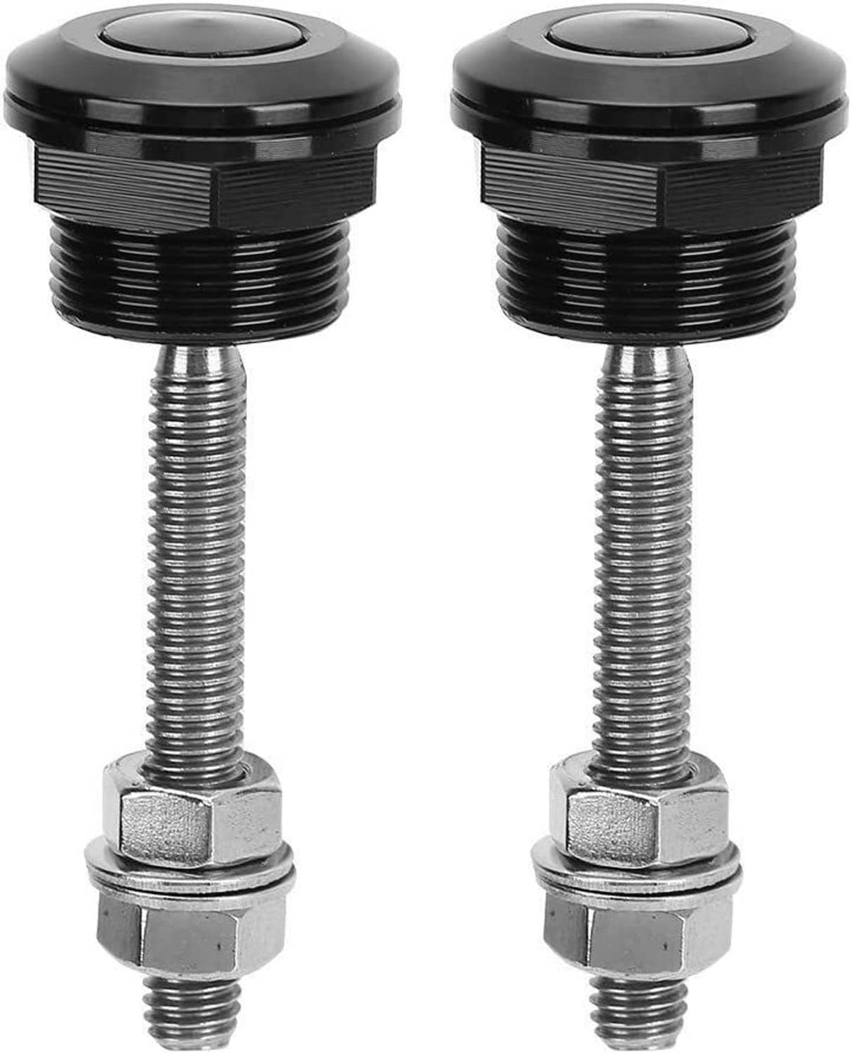 Pair of car hood latch pins with black push-button caps and galvanized bolts