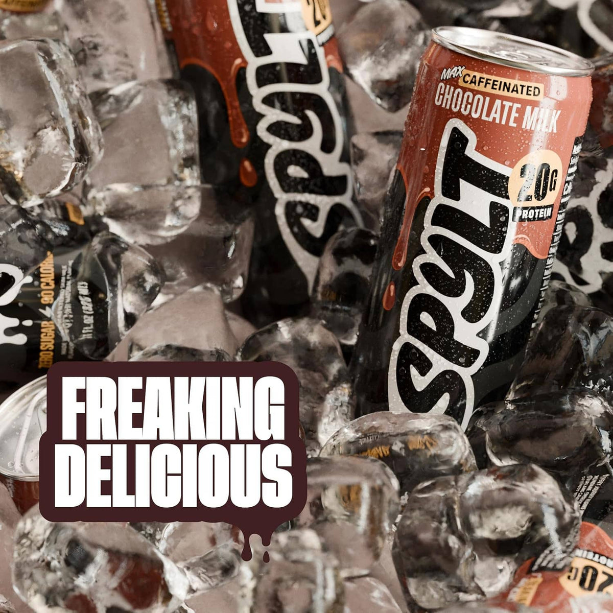 Spylt Max chocolate milk protein drink cans with ice texture