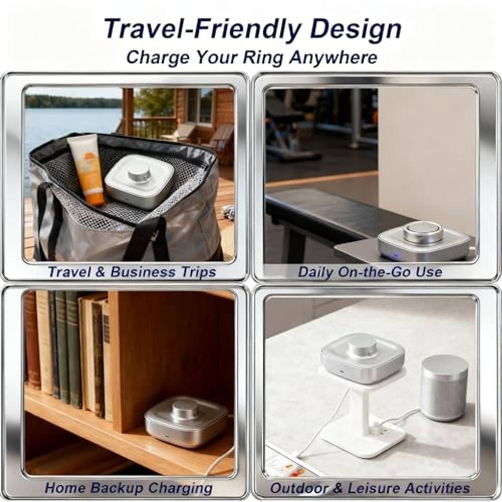 White smart ring charging dock, compact travel use scenes shown with charger in place