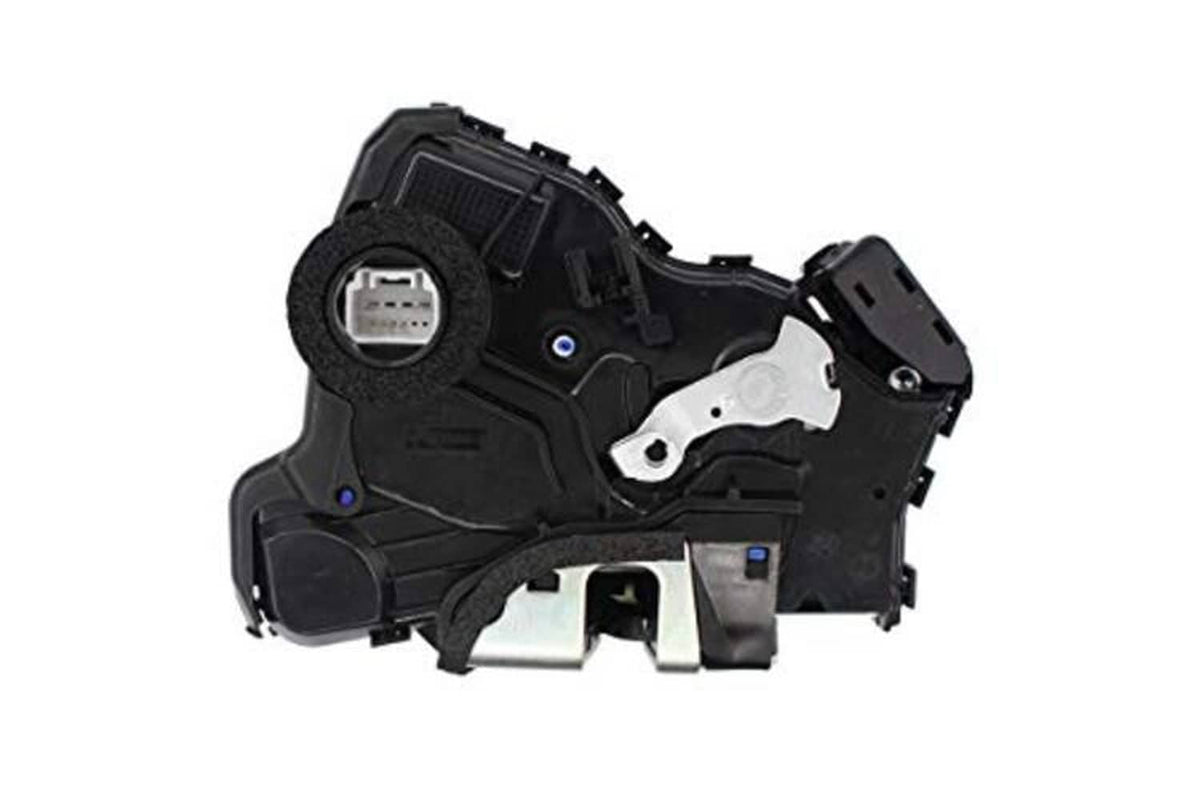 Power door lock actuator with black cover and silver mechanism, underside view