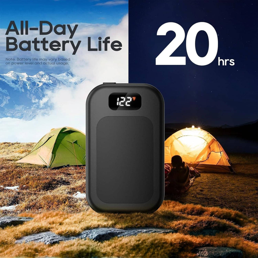 Black portable hand warmer with digital 122°F screen, compact power unit
