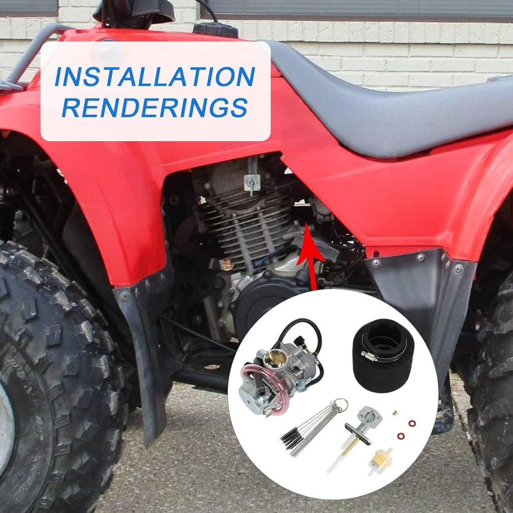 Carburetor replacement kit with included parts: foam air filter, jets, springs, clamps