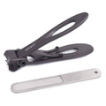 Ultra-wide jaw opening nail clippers in dark grey with attached silver nail file bar