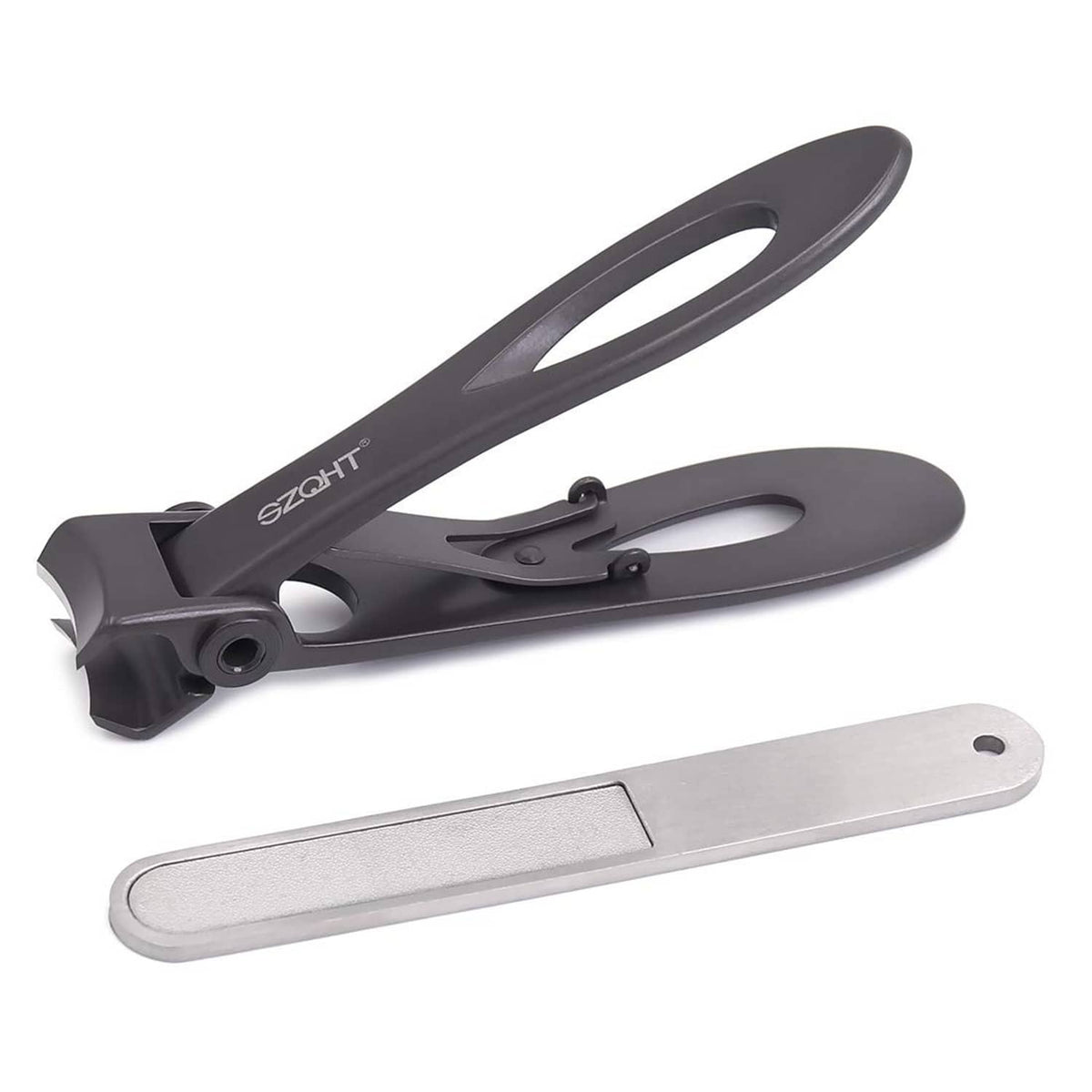 Ultra-wide jaw opening nail clippers in dark grey with attached silver nail file bar
