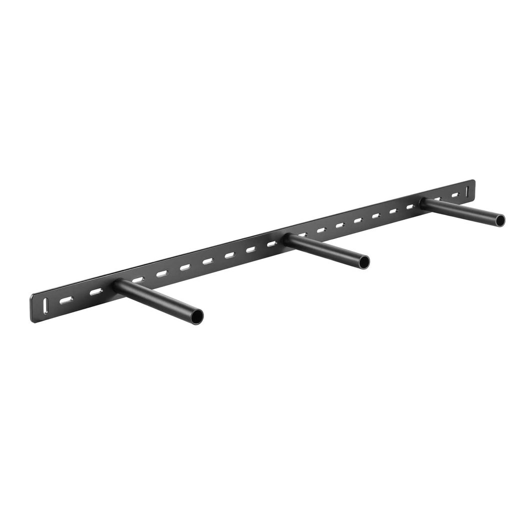 Floating shelf bracket with perforated black steel rail and three mounted support rods