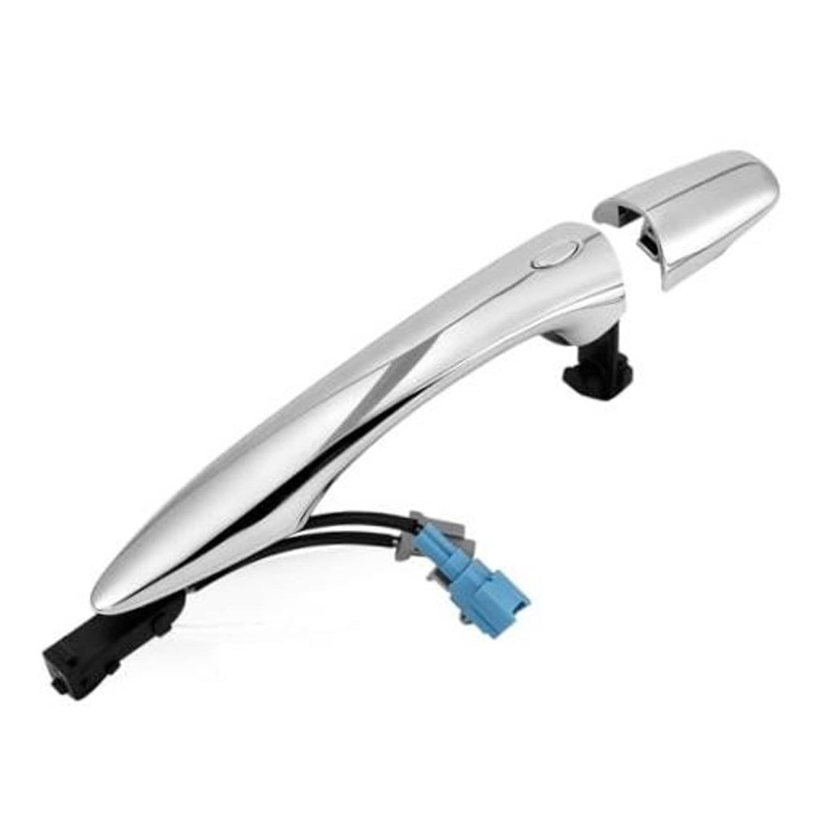 Silver front right exterior door handle with keyless entry connector and black trim