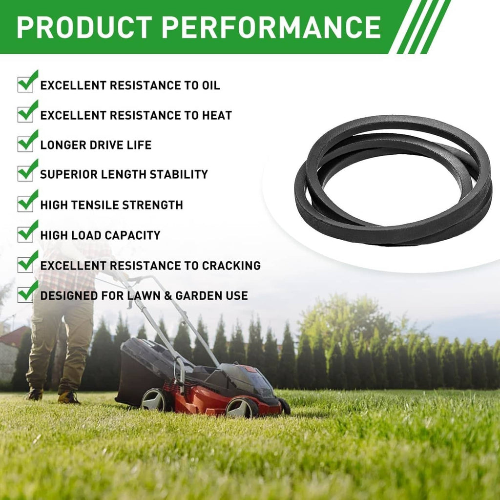 Black lawn and garden drive belt, thick rubber loop shape for mower replacement.