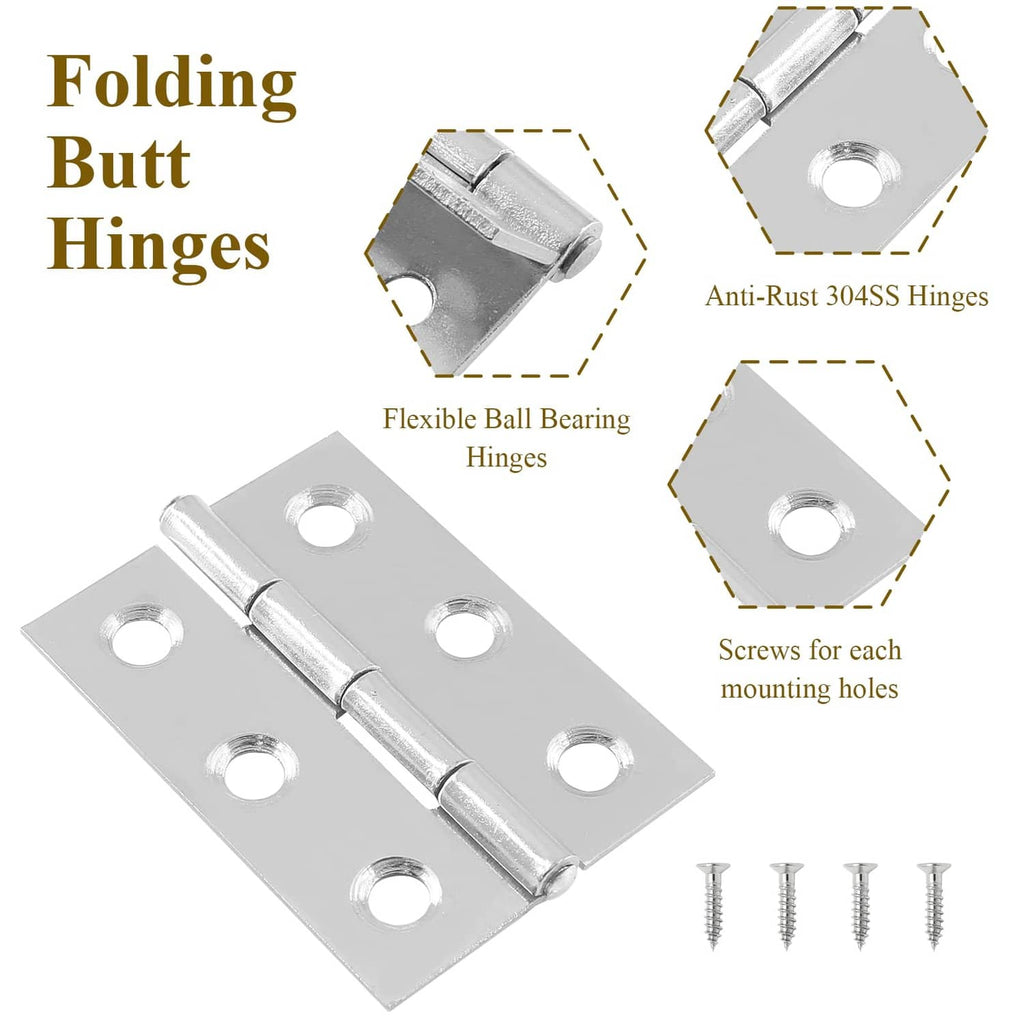 Stainless steel butt hinge with two plates, central pin, and round mounting holes