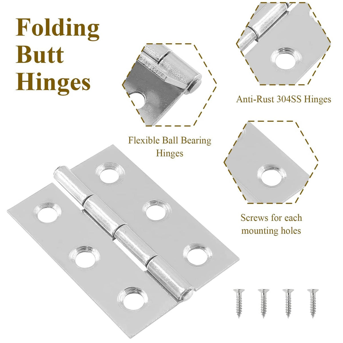 Stainless steel butt hinge with two plates, central pin, and round mounting holes