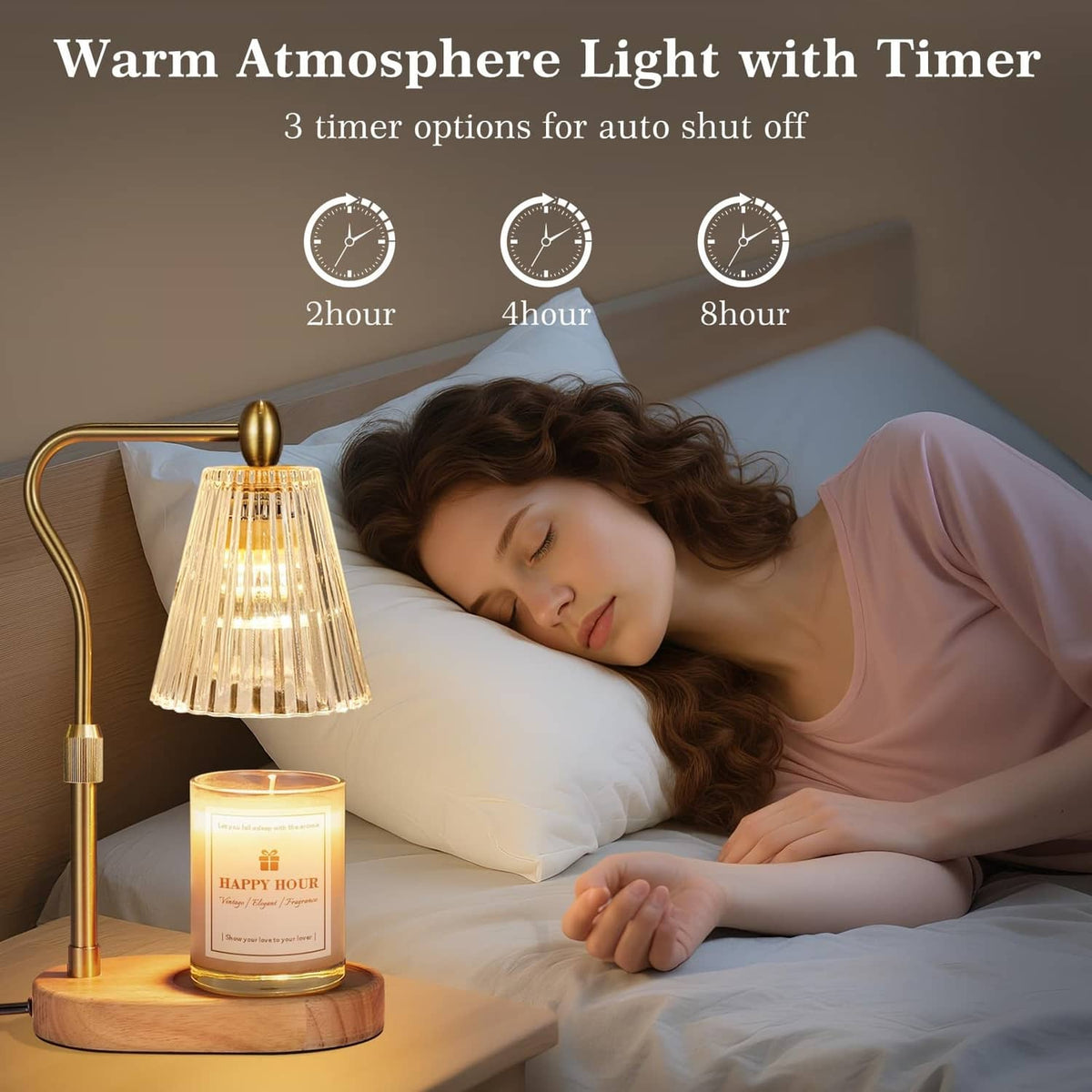 Candle warmer lamp with amber lit candle jar on bedside table, timer and dimmer