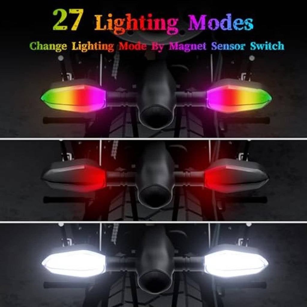 LED motorcycle turn signal projector lights showing multiple color lighting modes