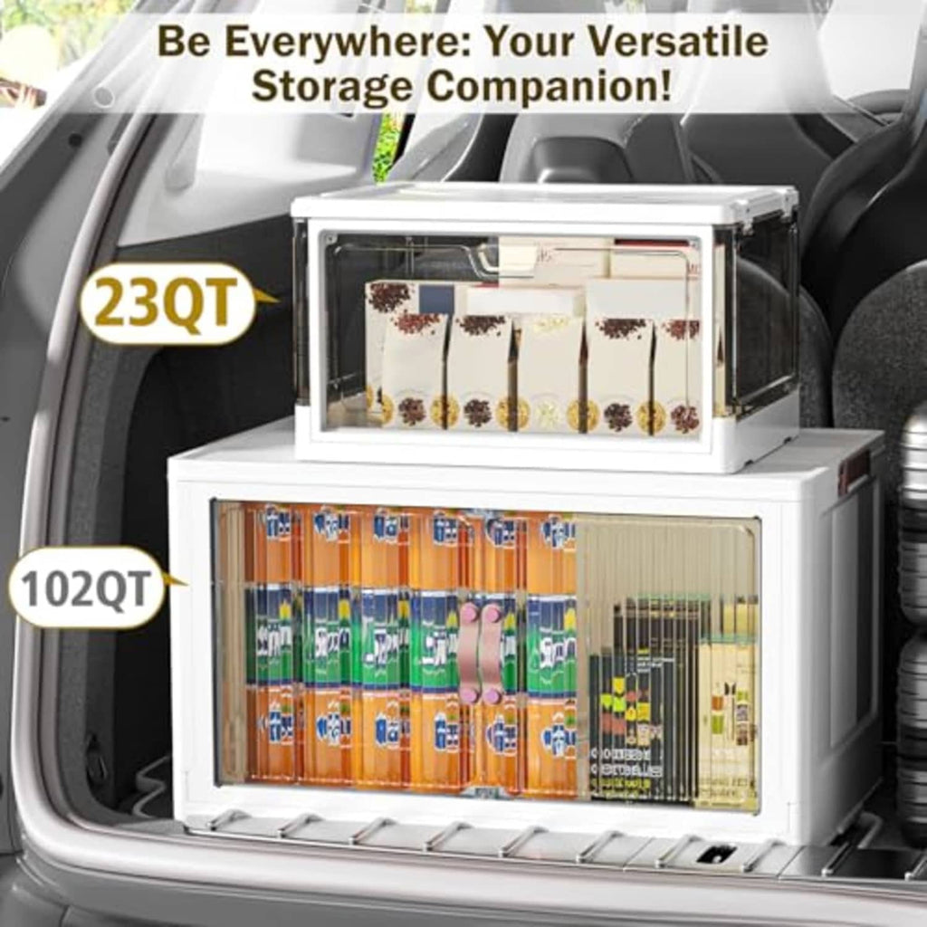 White 23QT collapsible storage bin with lidded magnetic double doors in car trunk