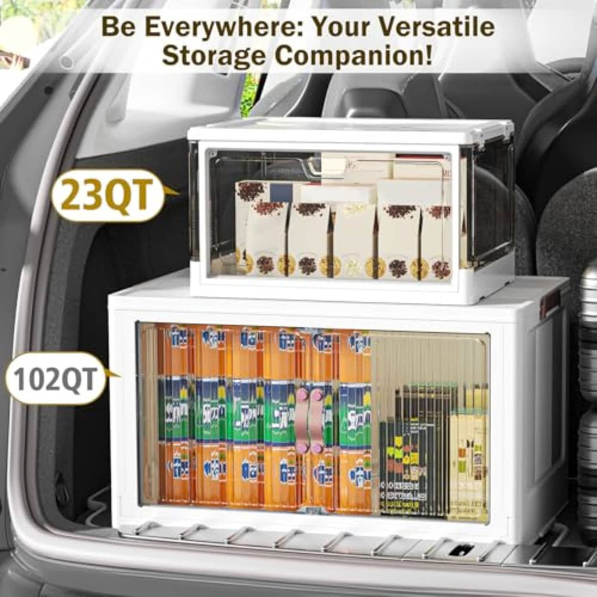 White 23QT collapsible storage bin with lidded magnetic double doors in car trunk