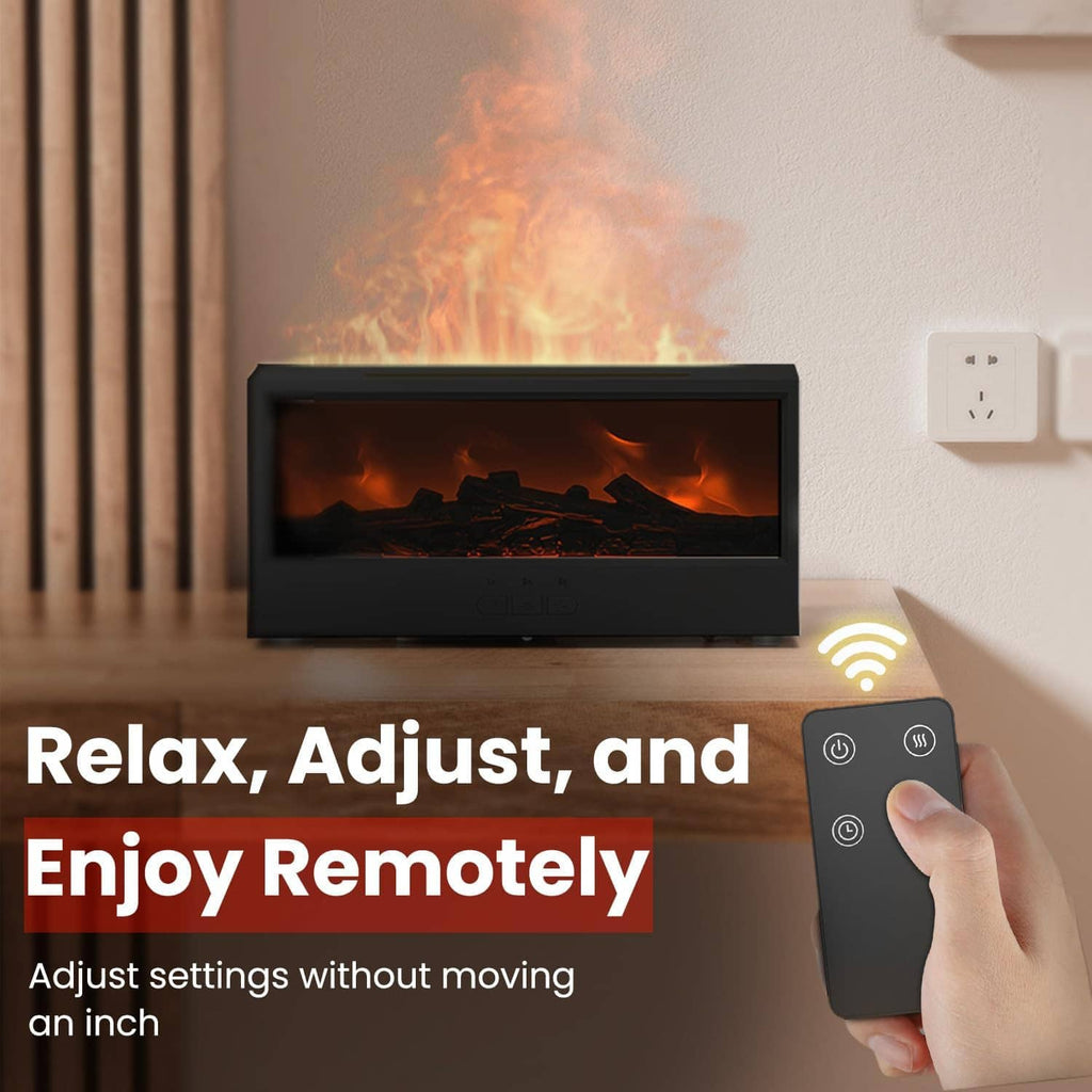 Black fireplace-style humidifier with faux flames and remote control activating mist