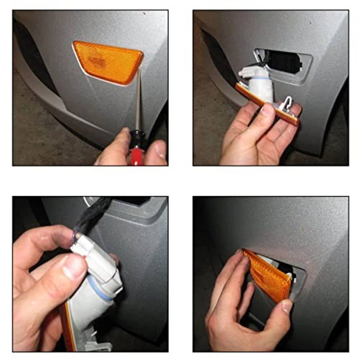 Amber side marker light being inserted into bumper opening by hand