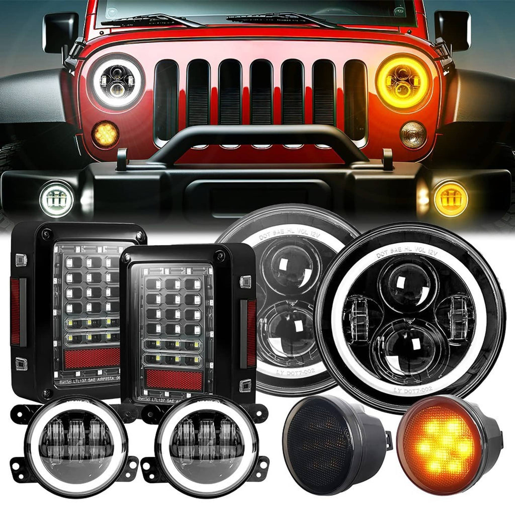 LED headlight and fog light set with chrome rings, clear lenses, and amber/red signal bulbs