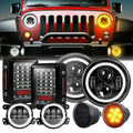 LED headlight and fog light set with chrome rings, clear lenses, and amber/red signal bulbs