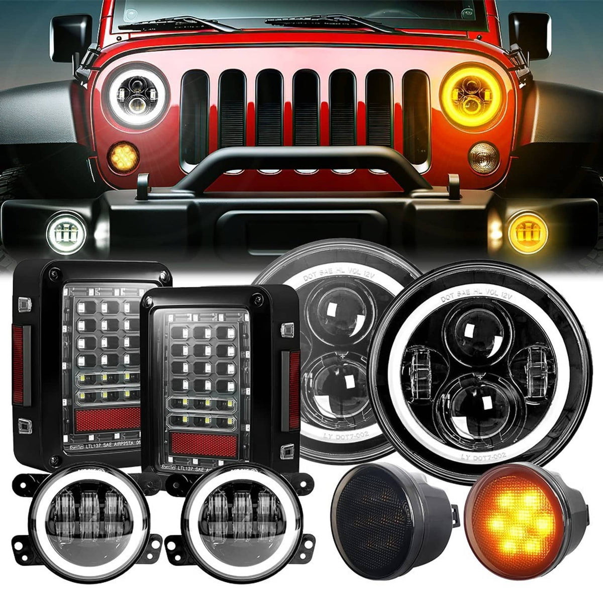 LED headlight and fog light set with chrome rings, clear lenses, and amber/red signal bulbs