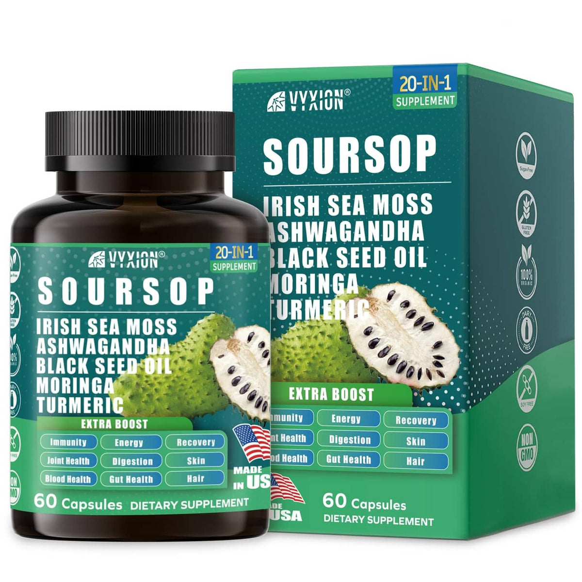 Supplement bottle with black cap and green label, 60 capsules