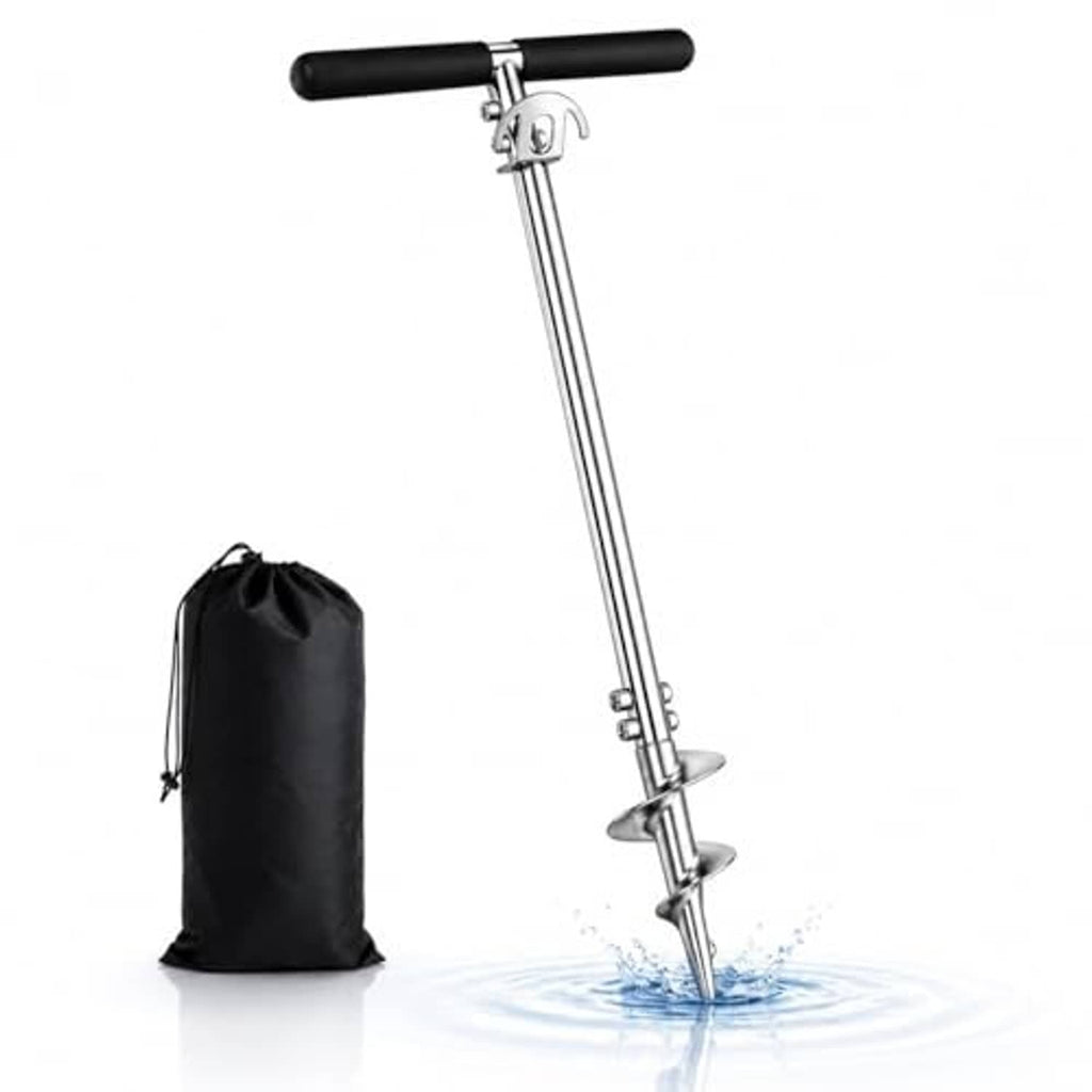 Stainless steel screw-in boat anchor pole with black T-handle and storage bag