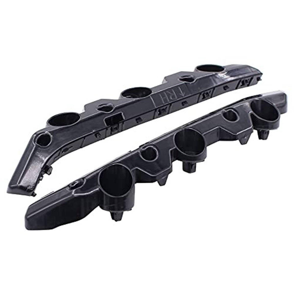 Front bumper bracket retainer pair, angled view showing black plastic clips and holes