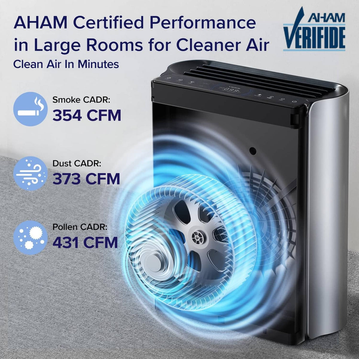 Silvery grey and white air purifier with glowing fan airflow illustration