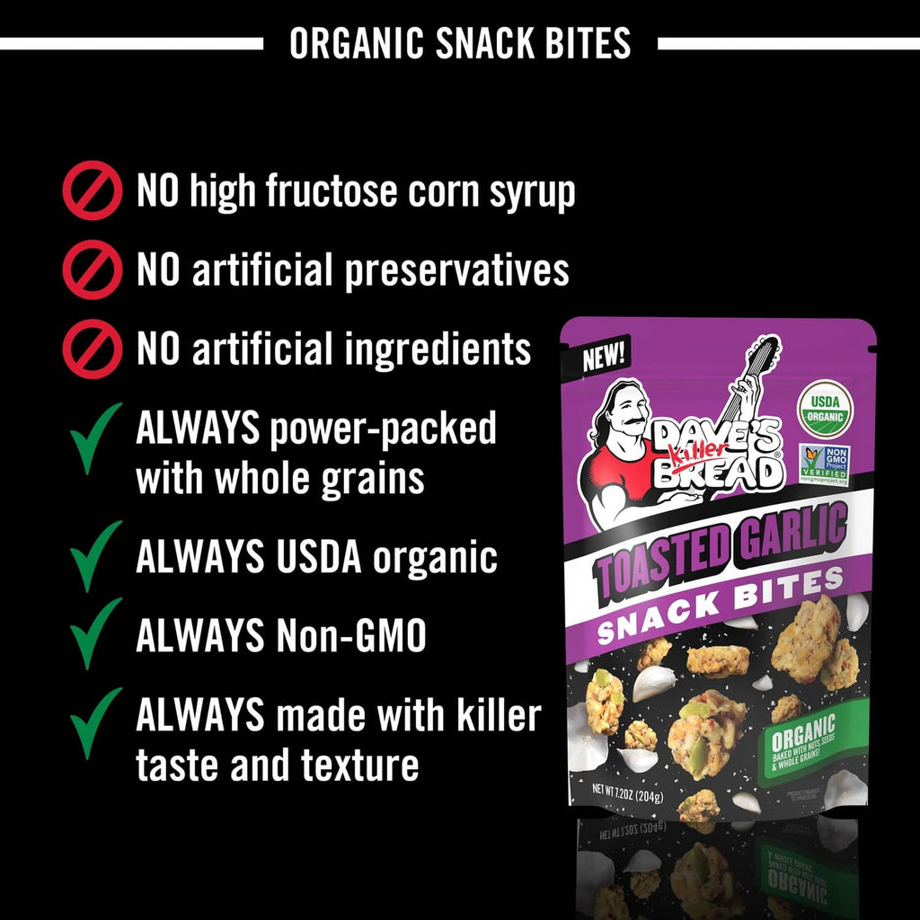 Organic snack bites bag with feature checkmarks and small product pouch shown