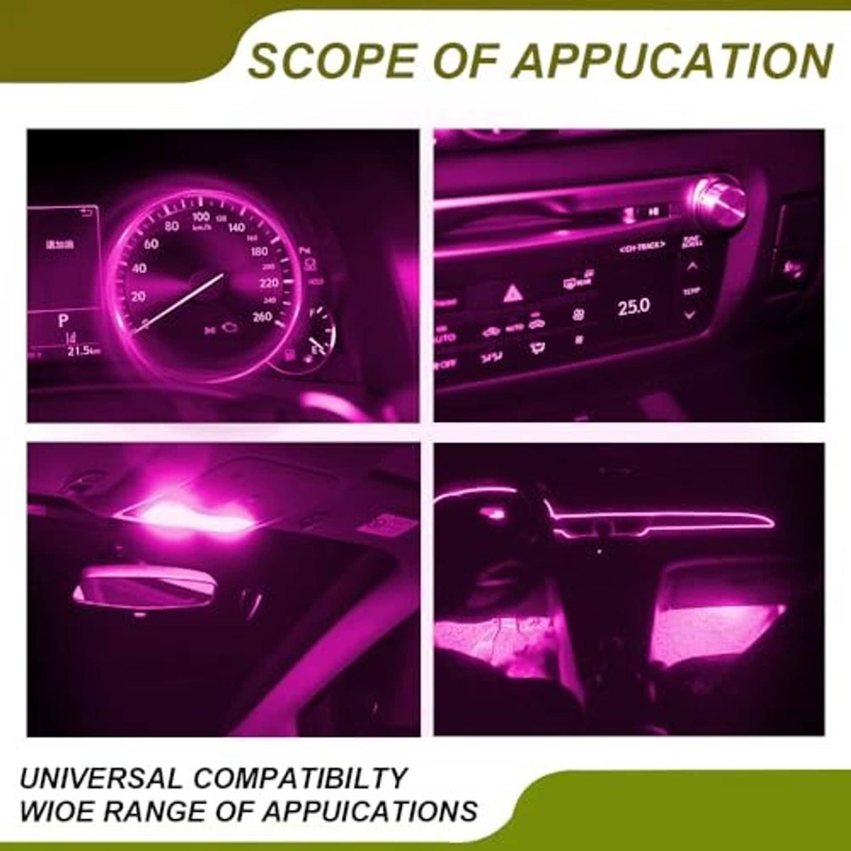 Car dashboard and switch area lit with pink/purple LED light from T5 bulbs