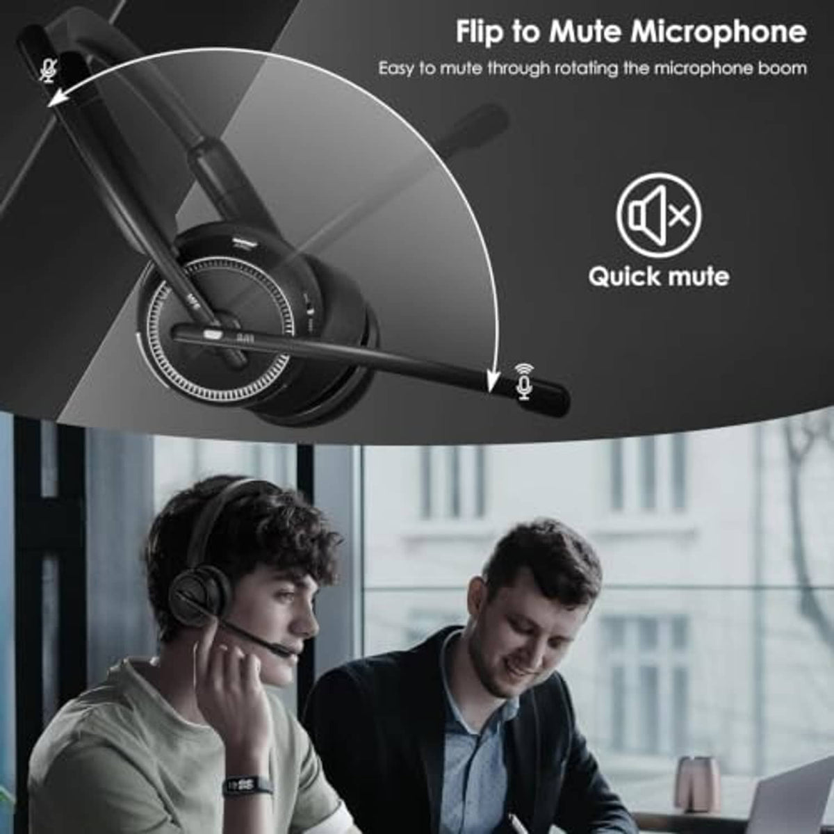 Black over-ear headset with flip-to-mute boom microphone