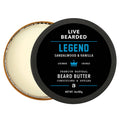 Live Bearded beard butter tin, black lid, 'Legend' sandalwood & vanilla label