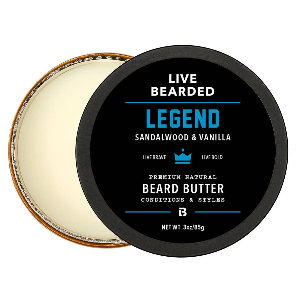 Live Bearded beard butter tin, black lid, 'Legend' sandalwood & vanilla label