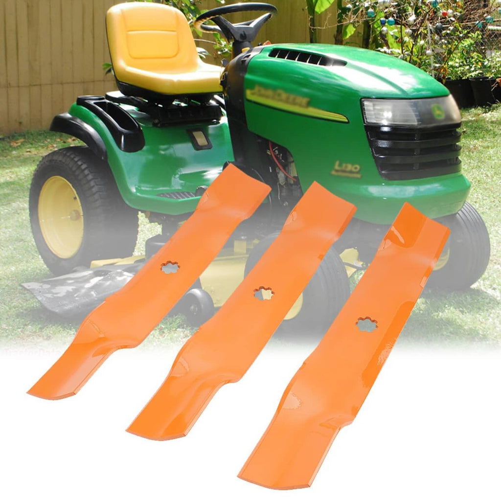 Set of three orange mower deck blades for lawn tractors, with center bolt holes