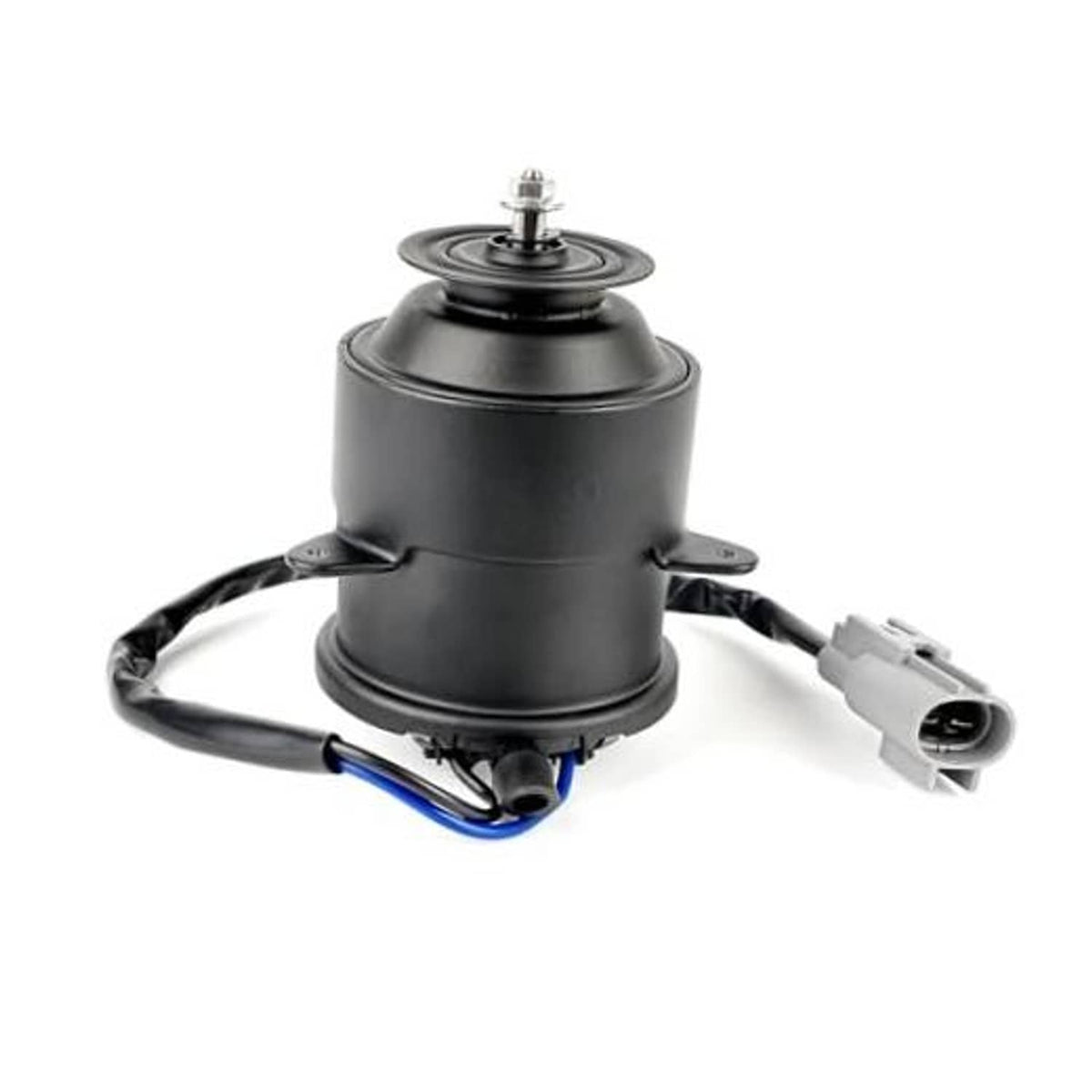 Radiator cooling fan motor with black housing, mounting plate, and electrical connector