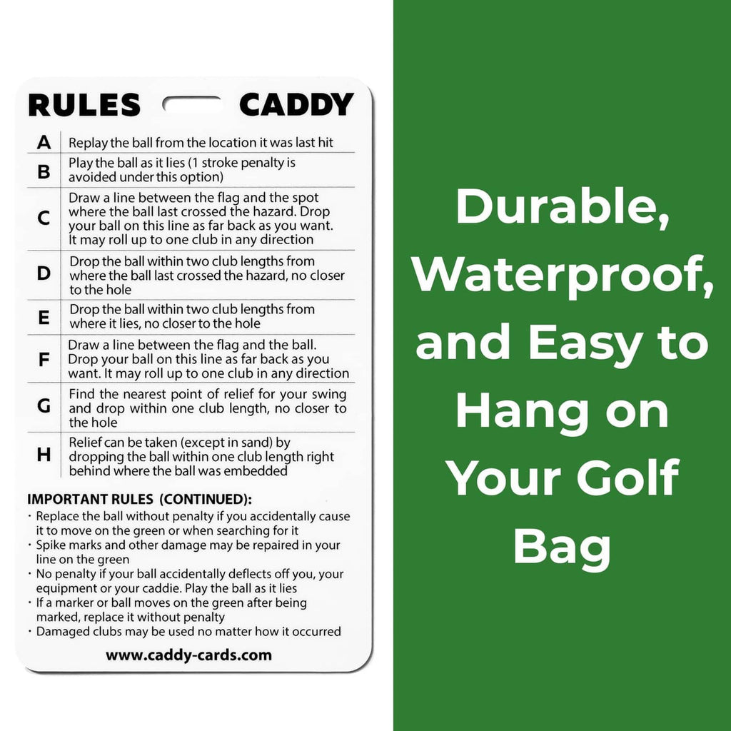 Rules Caddy card attached to golf bag, durable waterproof and easy to hang text
