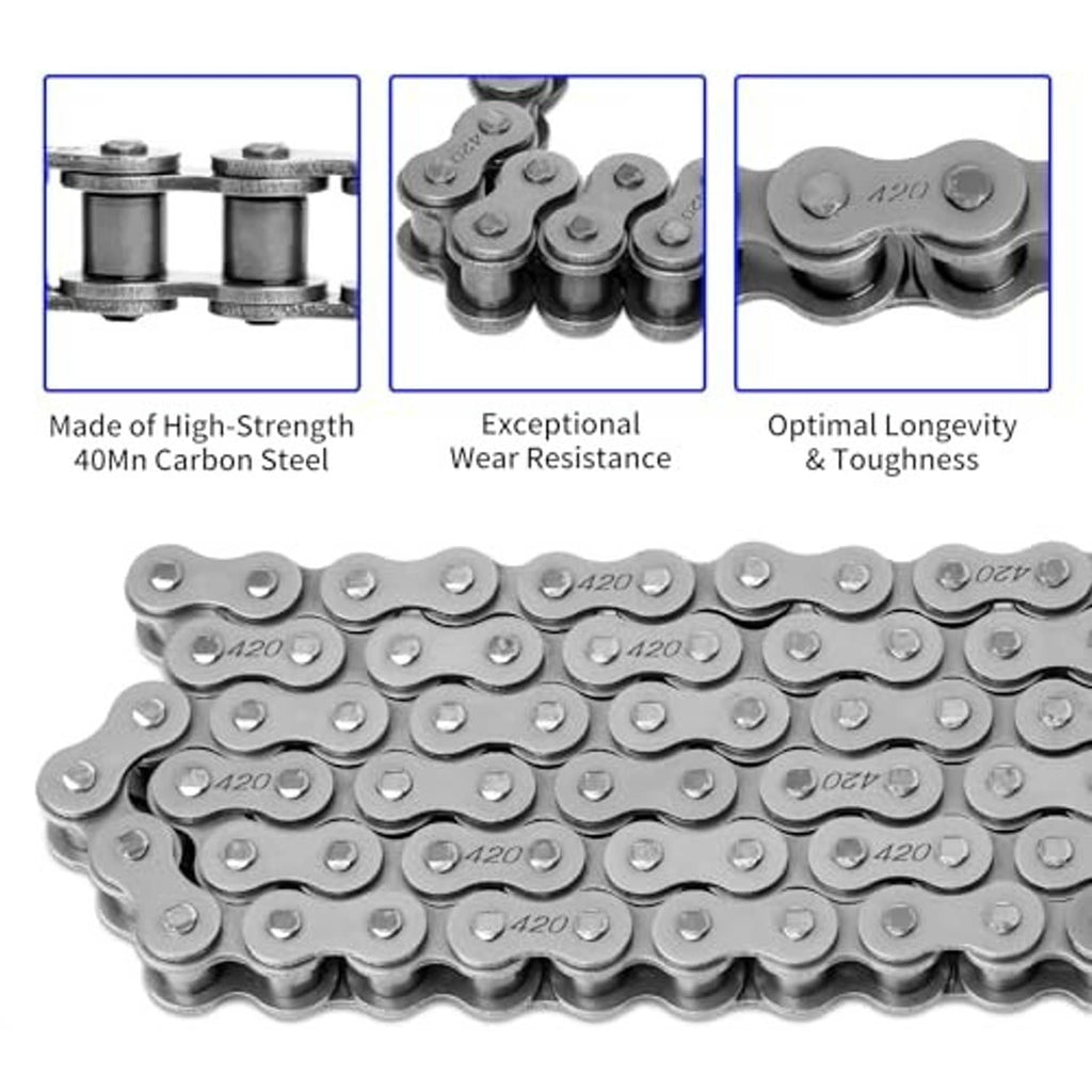 Close-up of motorcycle roller chain links with stamped 420 markings