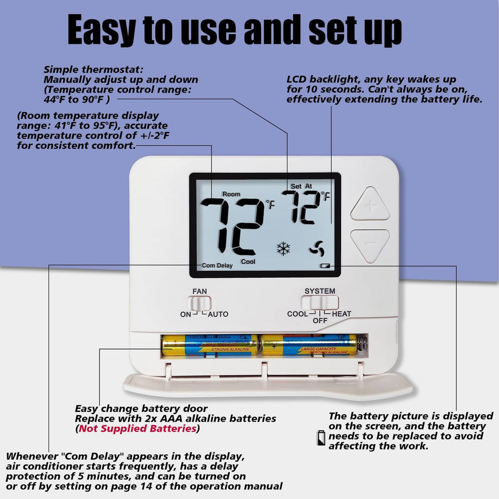 Heagstat H701 non-programmable thermostat with LCD display and open battery door