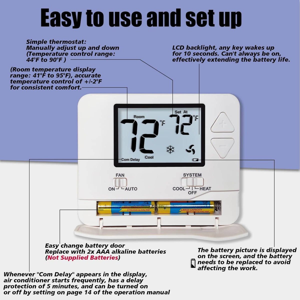Heagstat H701 non-programmable thermostat with LCD display and open battery door