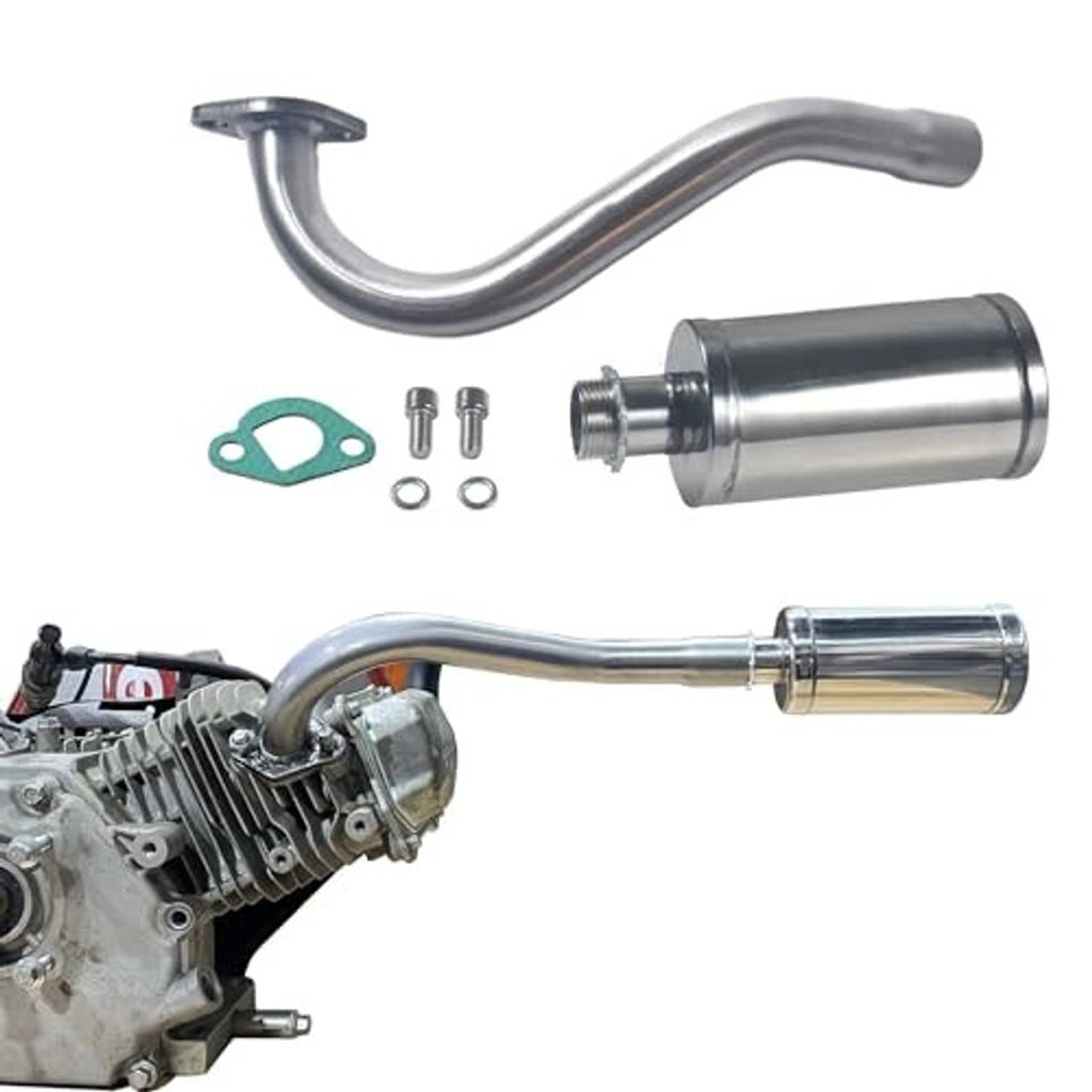 Silver U-shaped header pipe with cylindrical muffler canister and screws