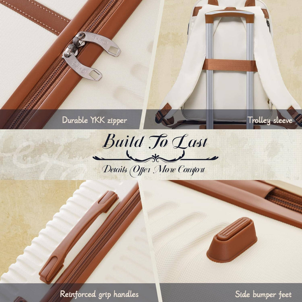 Cream luggage features: tan zipper pull, reinforced grip handles, and side bumper feet.