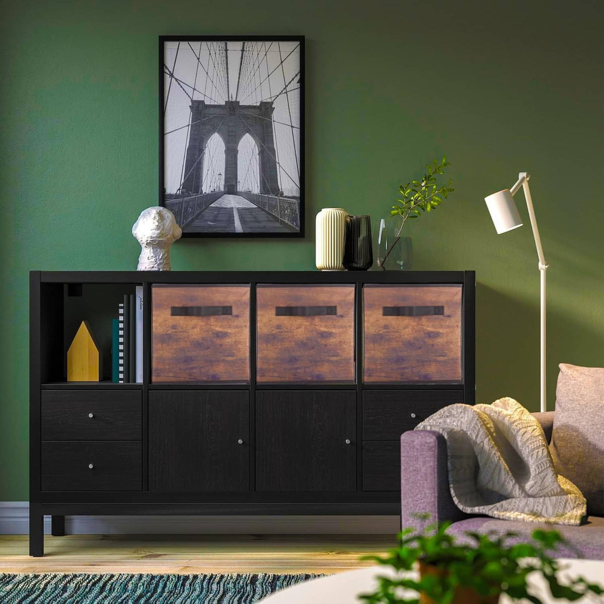 Retro wood-pattern storage bins with black fabric fronts and stitched pull handles