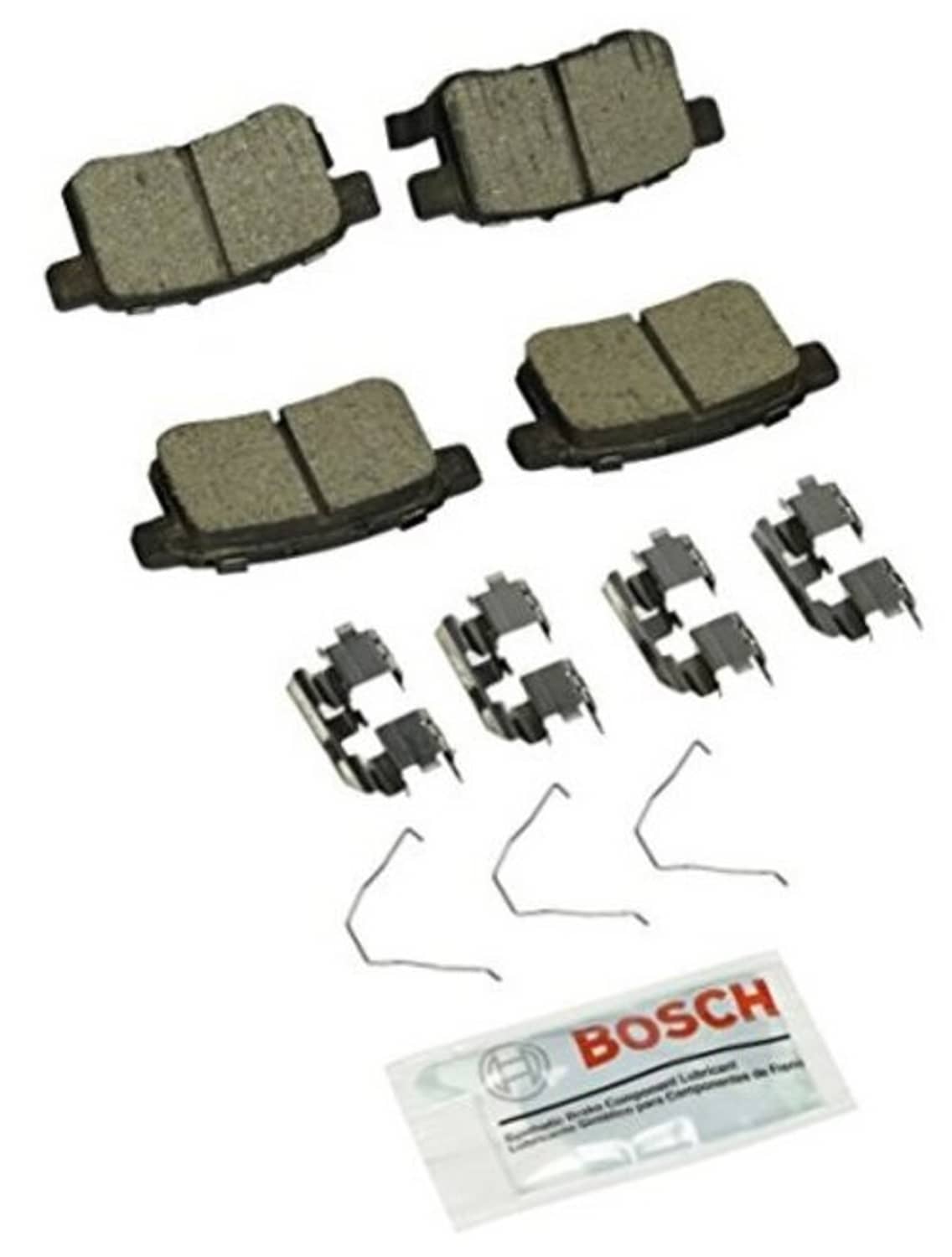Ceramic disc brake pad set with hardware clips and shims, plus BOSCH package