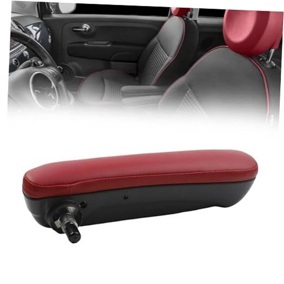 Red front seat armrest with black base and mounting post, right-side style