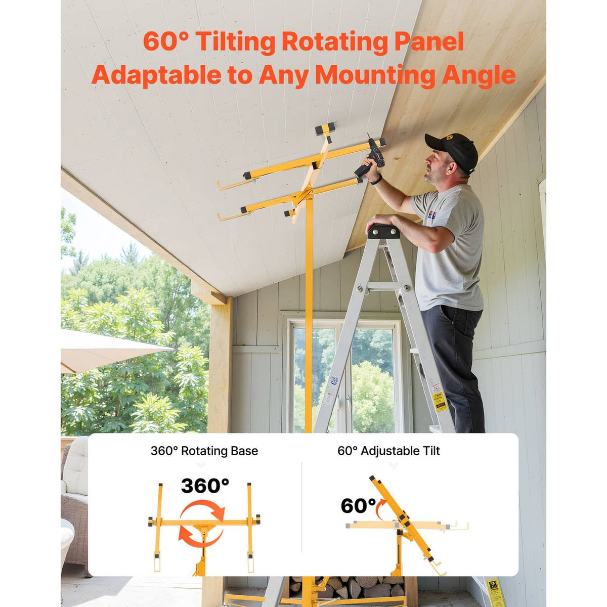 Uimoso drywall lifter with rotating, tilting panel support and caster base